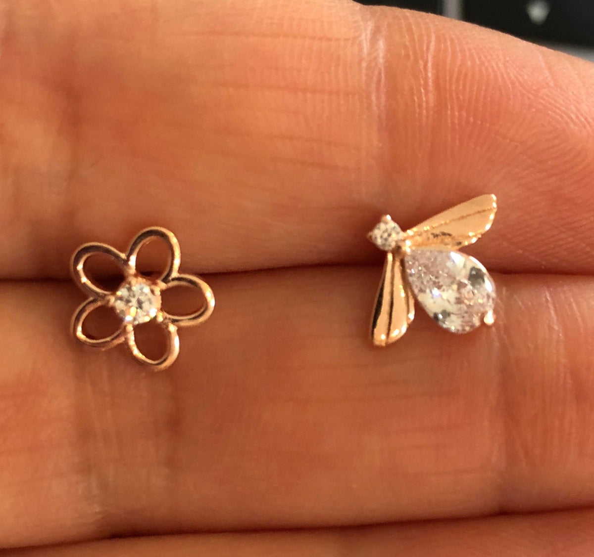 Rose Gold Plated Busy Bee Stud Earrings One bee and one flower