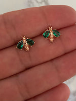Rose Gold Plated Busy Bee Stud Earrings Green Bees