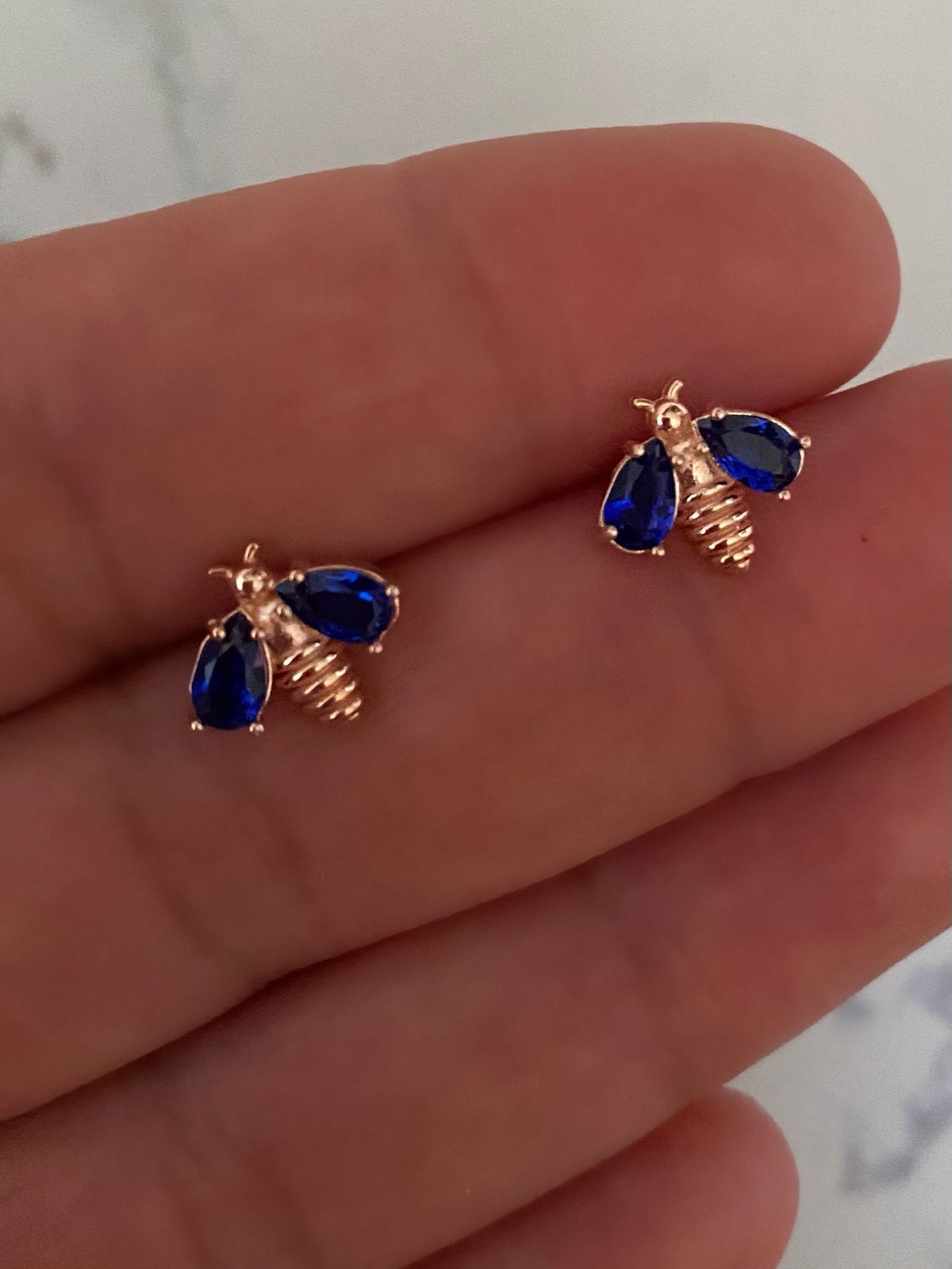 Rose Gold Plated Busy Bee Stud Earrings Blue Bees