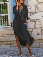 Buttoned Side Slit Loose Breathable Casual Long Shirt Dress Beach Cover Up Black
