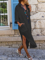 Buttoned Side Slit Loose Breathable Casual Long Shirt Dress Beach Cover Up
