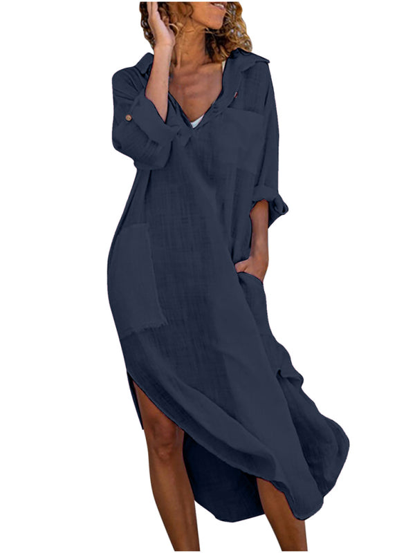 Buttoned Side Slit Loose Breathable Casual Long Shirt Dress Beach Cover Up