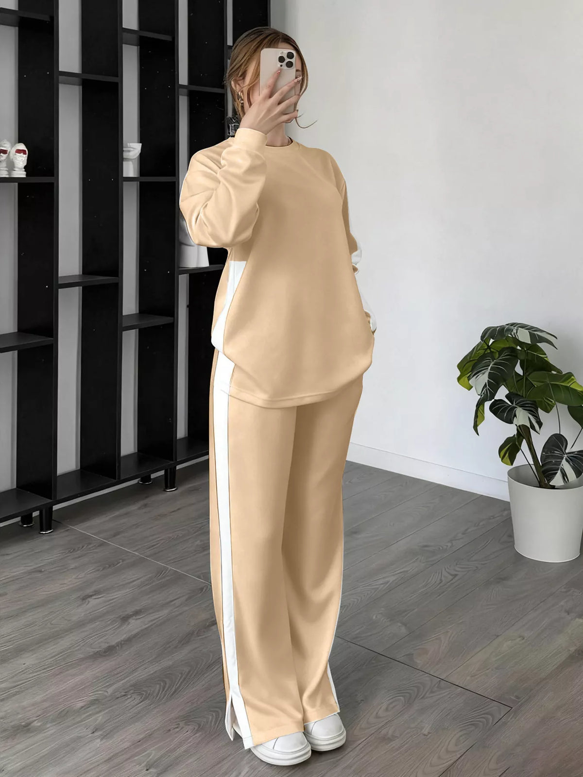 Full Size Contrast Round Neck Top and Pants Loungewear Set Apricot