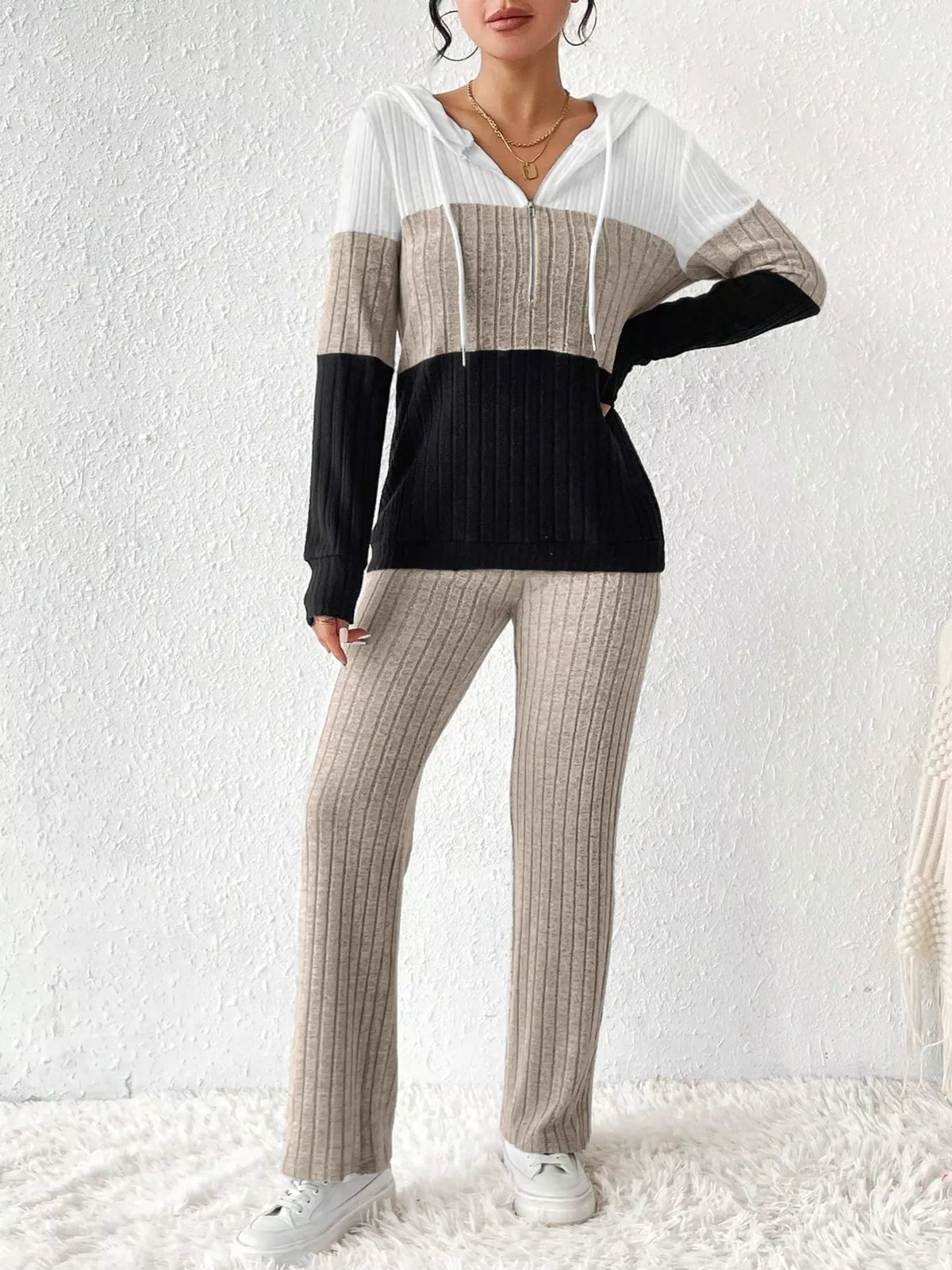 Color Block Half Zip Hooded Top and Pants Loungewear Set