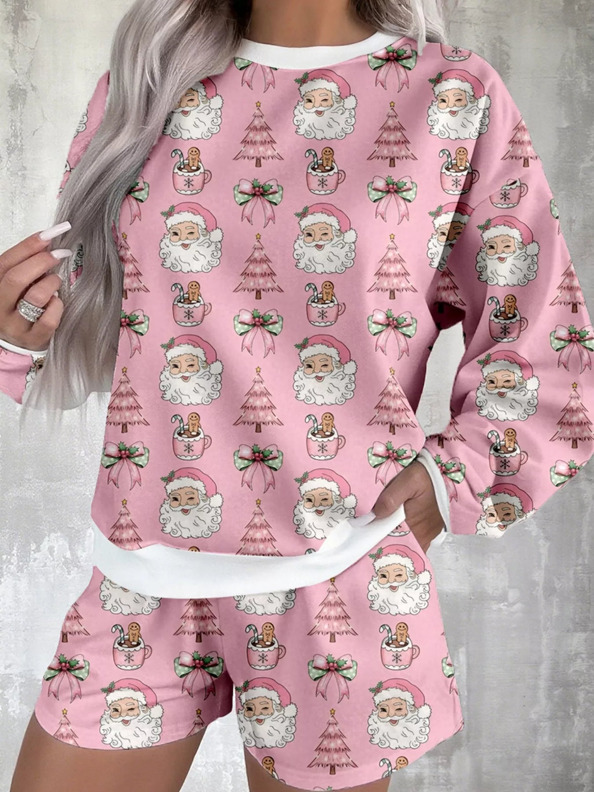 Christmas Santa Print Round Neck Top and Shorts Two Piece Loungewear Set