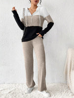Color Block Half Zip Hooded Top and Pants Loungewear Set Apricot
