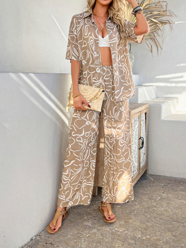 Casual Boho Holiday Style Contrast Print Wide Leg Trouser & Top Co-ord Set