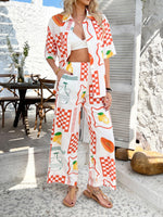 Casual Boho Holiday Style Contrast Print Wide Leg Trouser & Top Co-ord Set Orange