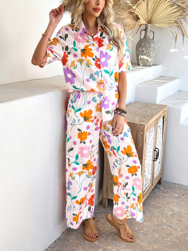 Casual Boho Holiday Style Contrast Print Wide Leg Trouser & Top Co-ord Set