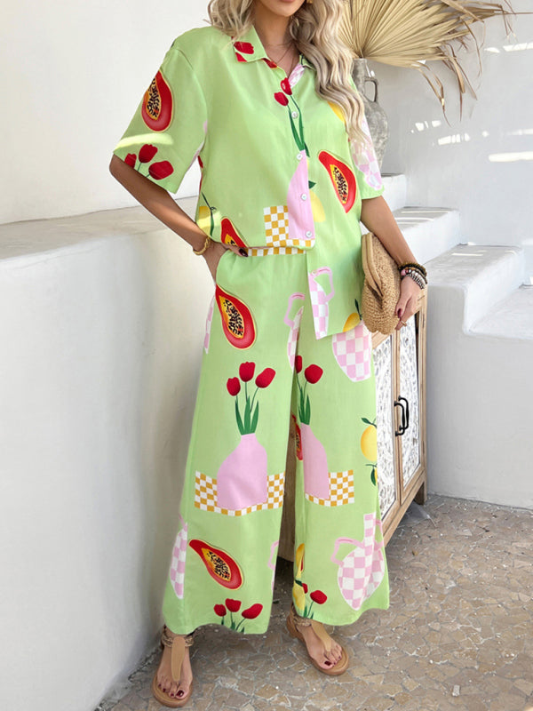 Casual Boho Holiday Style Contrast Print Wide Leg Trouser & Top Co-ord Set Pale Green