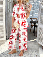 Casual Boho Holiday Style Contrast Print Wide Leg Trouser & Top Co-ord Set