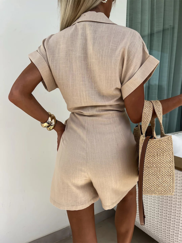 Casual Lapel Short Sleeve Side Tie Jumpsuit