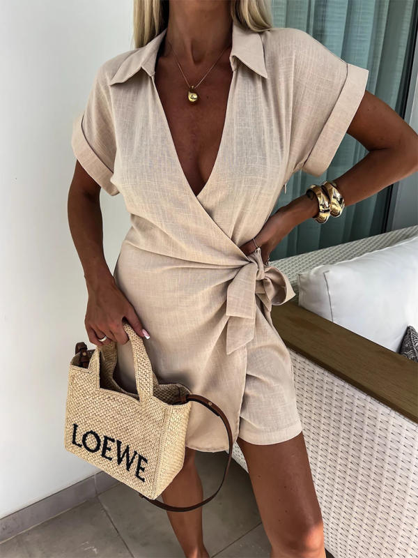 Casual Lapel Short Sleeve Side Tie Jumpsuit Khaki