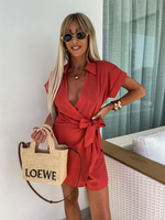 Casual Lapel Short Sleeve Side Tie Jumpsuit Red