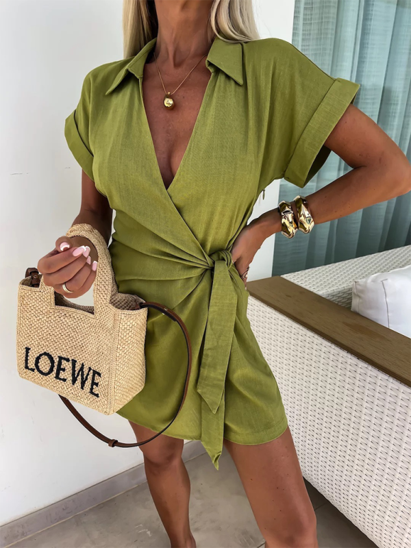 Casual Lapel Short Sleeve Side Tie Jumpsuit Green