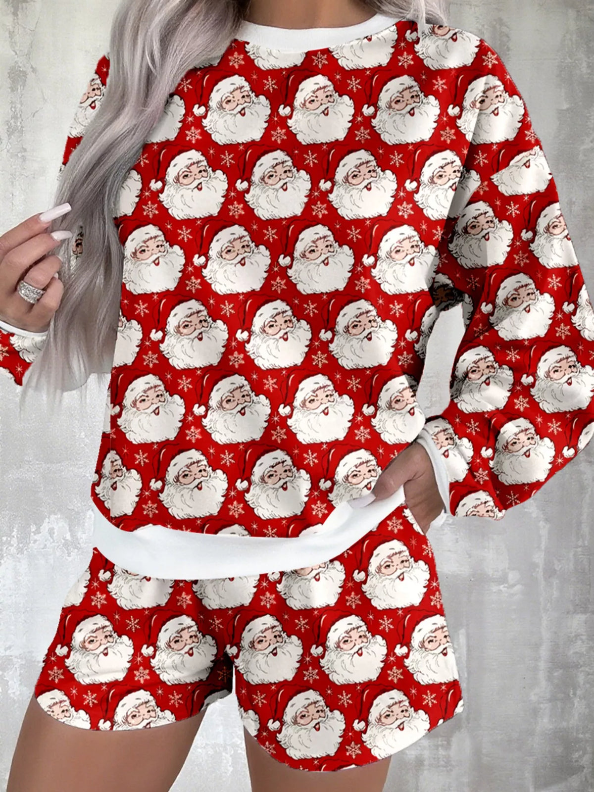 Christmas Santa Print Round Neck Top and Shorts Two Piece Loungewear Set