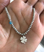 Charm necklace with silver beads evil eye talisman and charms Silver with clover