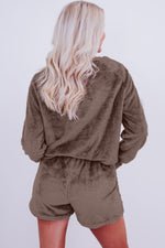 Coffee Solid Loose Fit Two Piece Fleece Shorts & Top Loungewear Set