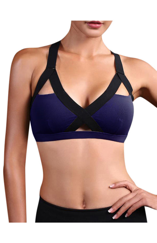 Colour Contrast Sexy Cross Elastic Sports Bra Navy Blue
