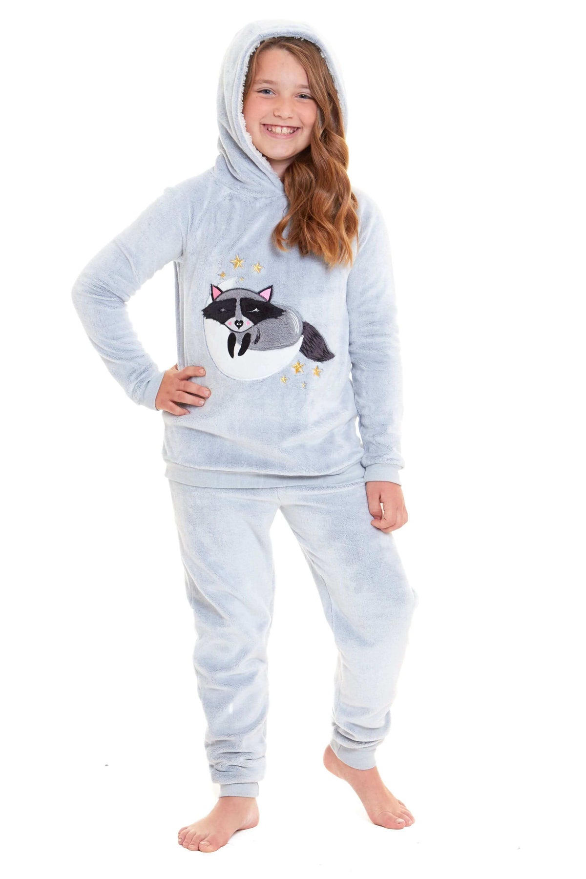 Daisy Dreamer Cuddly Raccoon Fleece Hooded Sherpa Lined Pyjama Set for Women & Girls