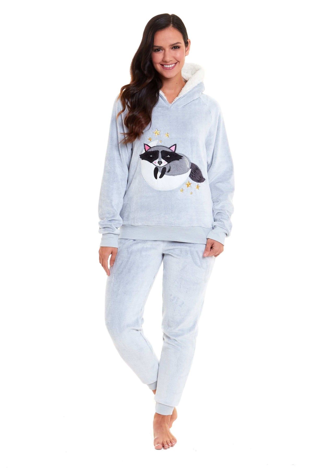 Daisy Dreamer Cuddly Raccoon Fleece Hooded Sherpa Lined Pyjama Set for Women & Girls