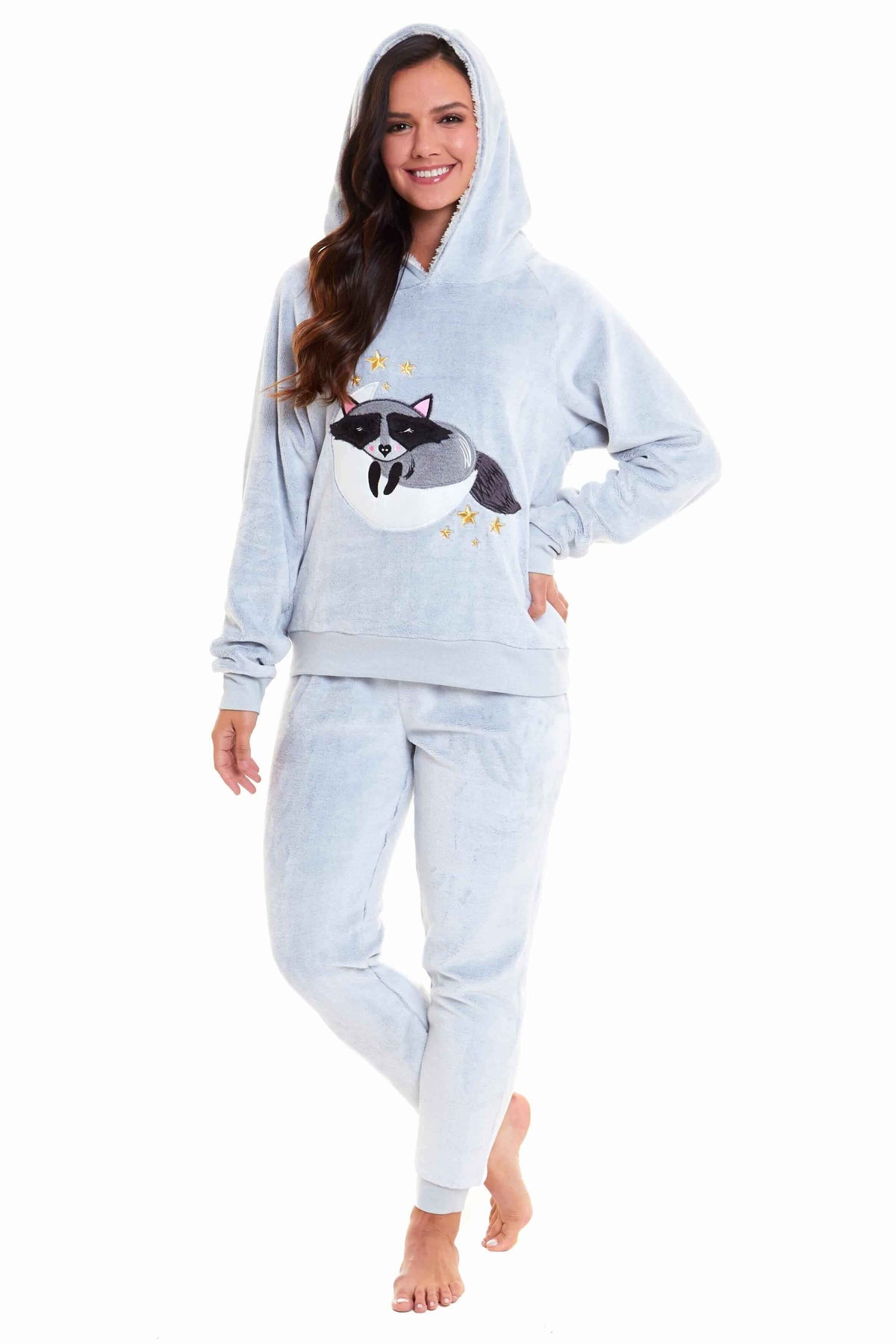 Daisy Dreamer Cuddly Raccoon Fleece Hooded Sherpa Lined Pyjama Set for Women & Girls