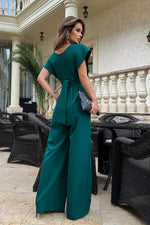 Bicotone Wide-Leg Flared Sleeve Belted Jumpsuit