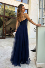 Bicotone Lace Heart-Neck Flared Belted Maxi Dress