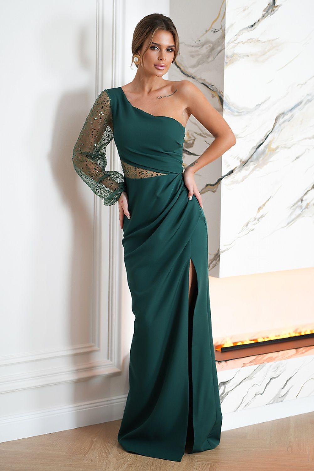 Bicotone Maxi Sequin One-Shoulder Slit Dress green