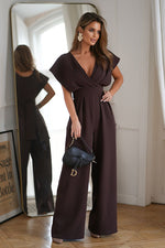 Bicotone Wide-Leg Flared Sleeve Belted Jumpsuit brown
