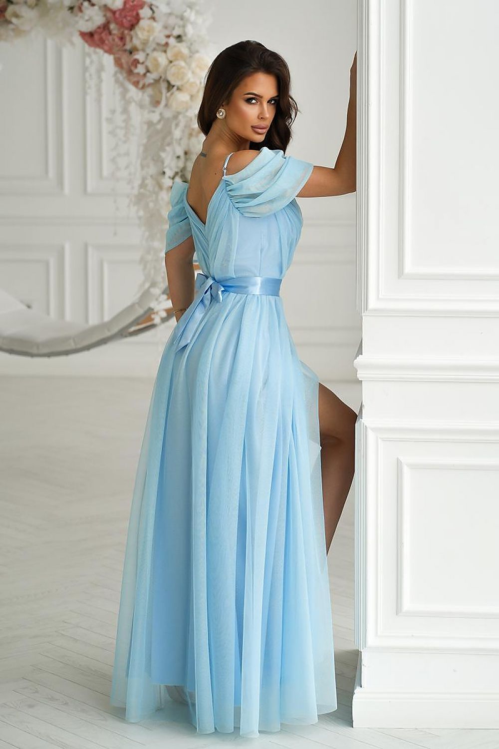 Bicotone Tulle Maxi Plunging Sleeve Belted Dress