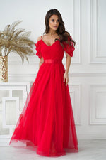 Bicotone Tulle Maxi Plunging Sleeve Belted Dress red