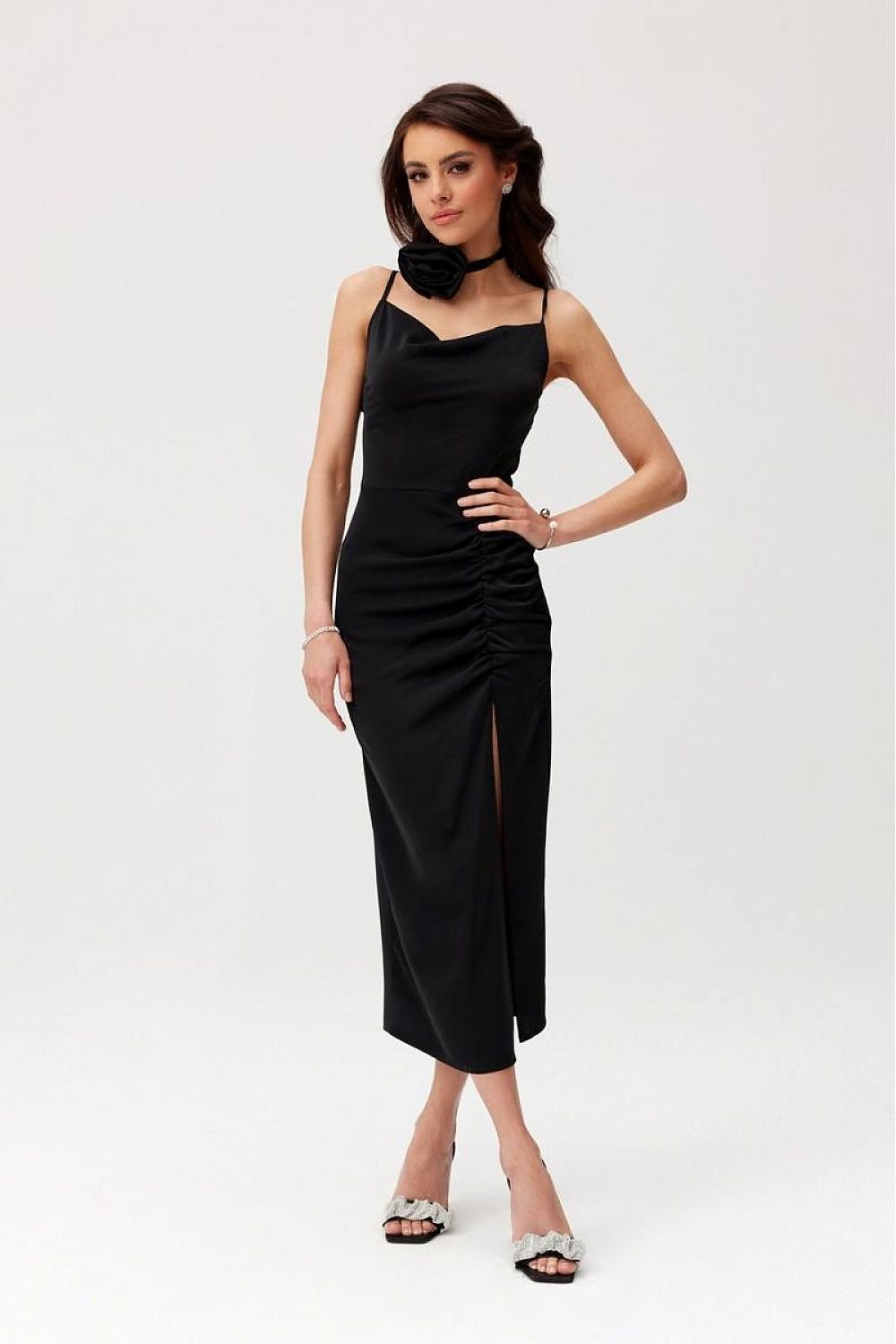 Roco Fashion Maribel Rose Belt Ruched Waist Cocktail Evening Dress Black