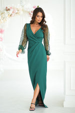 Bicotone Maxi Double-Sequin Heart-Neck Slit Dress