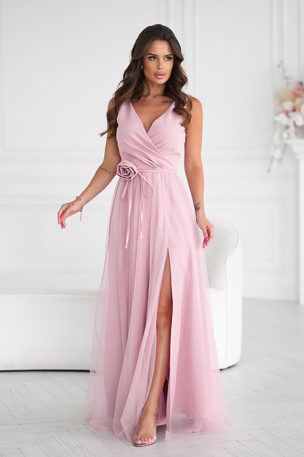 Bicotone Airy Slit Rose Belt Flowing Maxi Dress pink