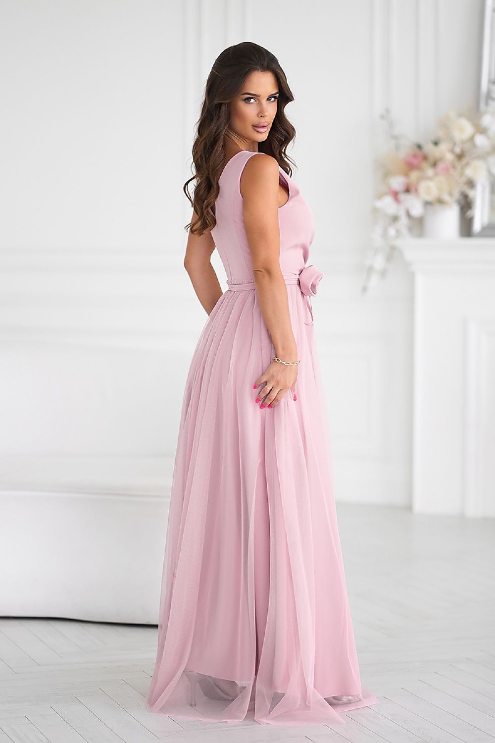 Bicotone Airy Slit Rose Belt Flowing Maxi Dress