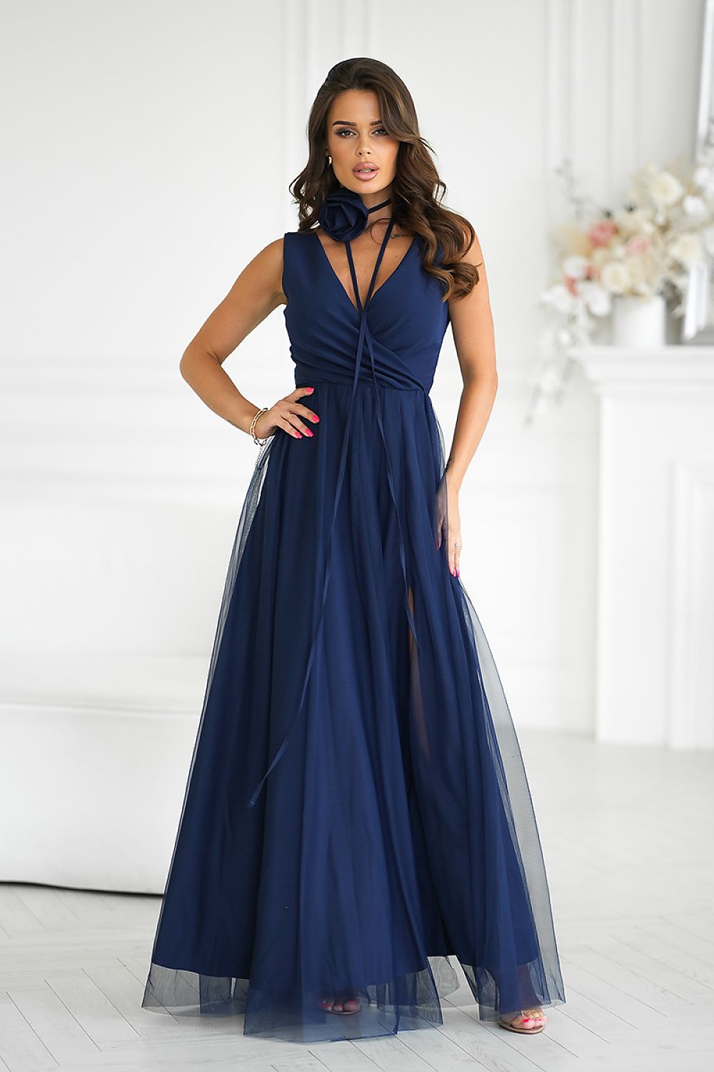 Bicotone Airy Slit Rose Belt Flowing Maxi Dress navy blue