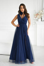 Bicotone Airy Slit Rose Belt Flowing Maxi Dress navy blue