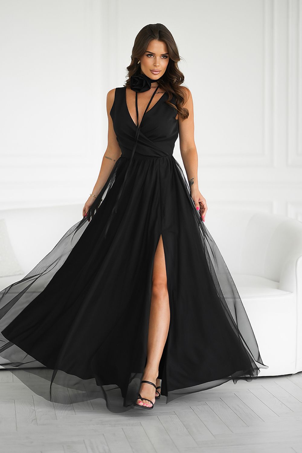 Bicotone Airy Slit Rose Belt Flowing Maxi Dress black
