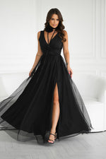 Bicotone Airy Slit Rose Belt Flowing Maxi Dress black