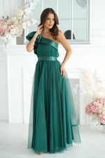 Elegant One-Shoulder Mesh Evening Dress with Satin Ruffle Detail green
