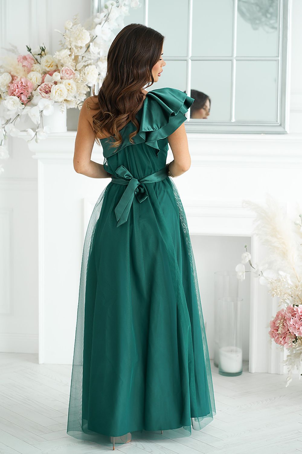 Elegant One-Shoulder Mesh Evening Dress with Satin Ruffle Detail