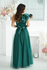 Elegant One-Shoulder Mesh Evening Dress with Satin Ruffle Detail