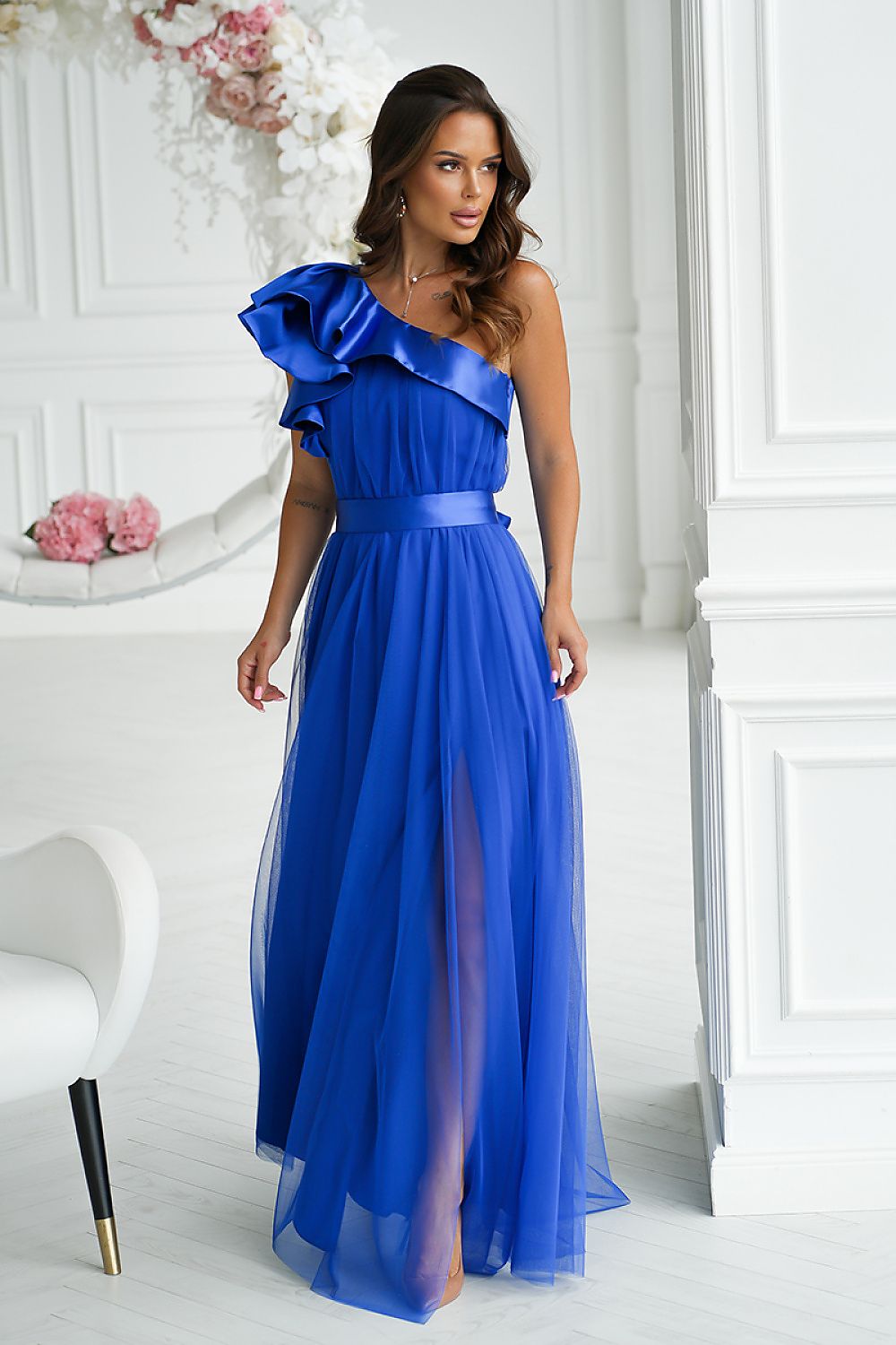 Elegant One-Shoulder Mesh Evening Dress with Satin Ruffle Detail blue