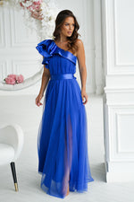 Elegant One-Shoulder Mesh Evening Dress with Satin Ruffle Detail blue