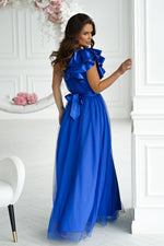 Elegant One-Shoulder Mesh Evening Dress with Satin Ruffle Detail
