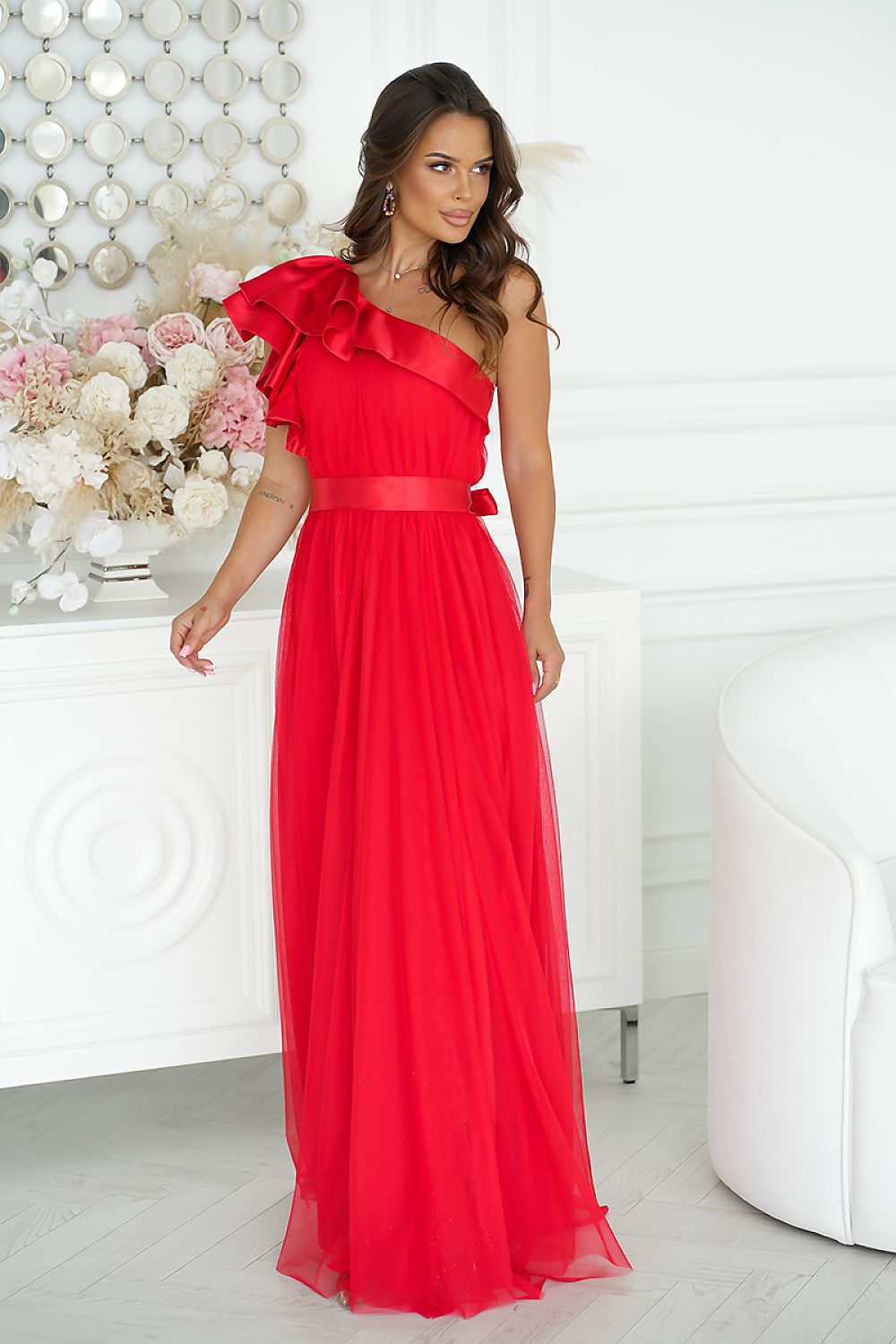 Elegant One-Shoulder Mesh Evening Dress with Satin Ruffle Detail