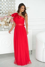 Elegant One-Shoulder Mesh Evening Dress with Satin Ruffle Detail