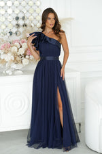 Elegant One-Shoulder Mesh Evening Dress with Satin Ruffle Detail navy blue