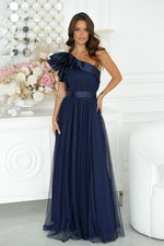 Elegant One-Shoulder Mesh Evening Dress with Satin Ruffle Detail